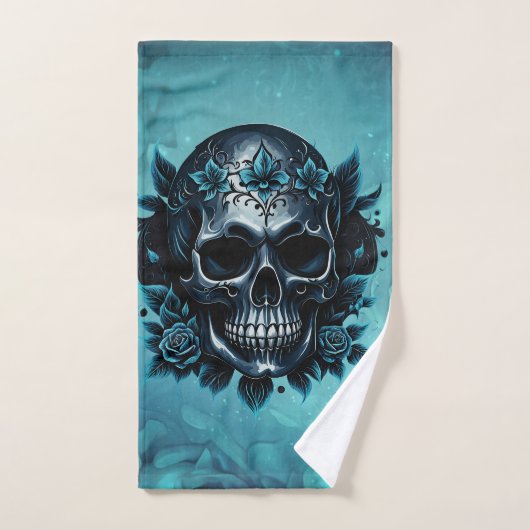 Dunkelblauer Schädel mit Rose. Badhandtuch Set (Handtuch)