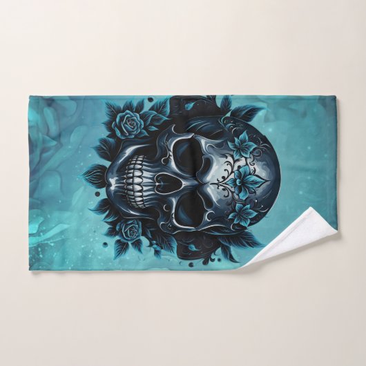 Dunkelblauer Schädel mit Rose. Badhandtuch Set (Handtuch)