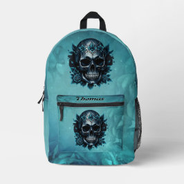 Dunkelblauer Schädel mit Rose. Bedruckter Rucksack