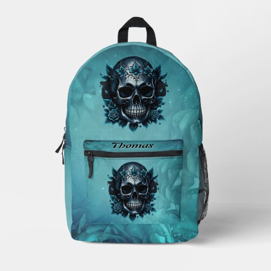 Dunkelblauer Schädel mit Rose. Bedruckter Rucksack (Vorderseite)
