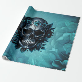 Dunkelblauer Schädel mit Rose. Geschenkpapier