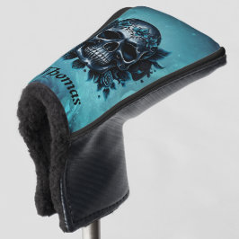Dunkelblauer Schädel mit Rose. Golf Headcover