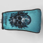 Dunkelblauer Schädel mit Rose. Golf Headcover (Vorderseite)