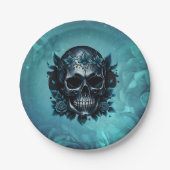 Dunkelblauer Schädel mit Rose. Pappteller (Vorderseite)