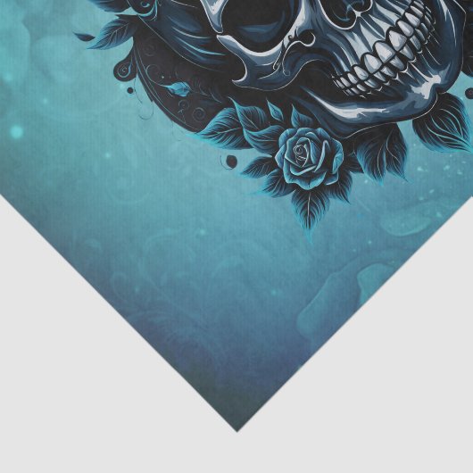 Dunkelblauer Schädel mit Rose. Seidenpapier (Ausschnitt)