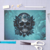 Dunkelblauer Schädel mit Rose. Seidenpapier (Handwerk)