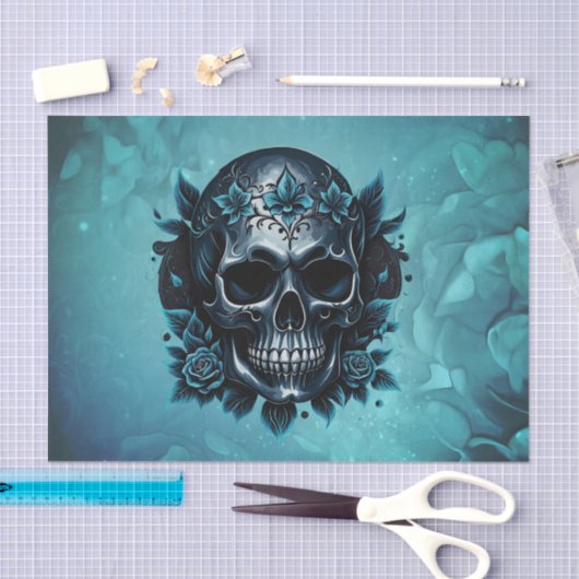 Dunkelblauer Schädel mit Rose. Seidenpapier (Handwerk)