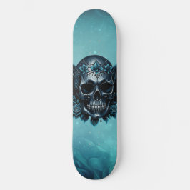 Dunkelblauer Schädel mit Rose. Skateboard