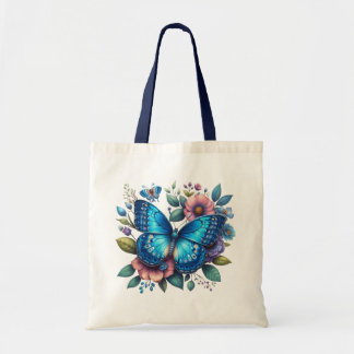 Dunkelblauer Schmetterling auf Blumendesign Tragetasche