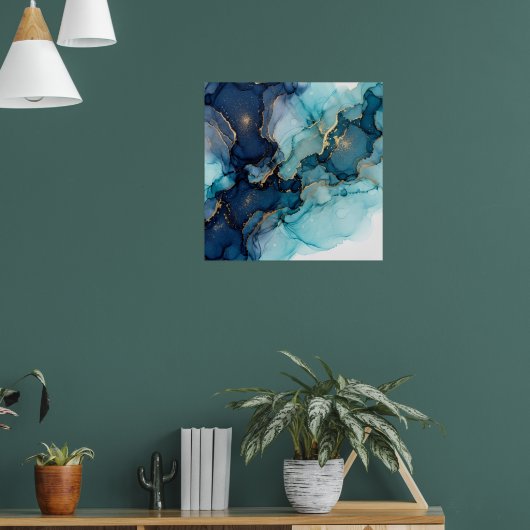 Dunkelblauer Teal-Flüssig-Abstraktkunstposter Poster (Wohnzimmer 1)