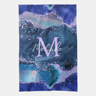 Dunkelblauer und violetter Glitter-Ocean-Achat Geschirrtuch