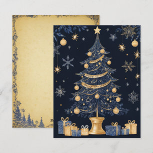 Dunkelblauer Weihnachtsbaum und Geschenkkarte Feiertagskarte