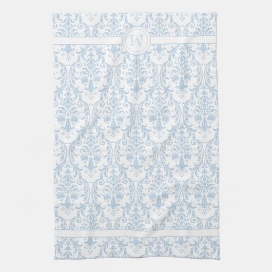 Dunkelblauer Wirbel mit blauer Blüte Damask 2 Mono Geschirrtuch (Vertikal)