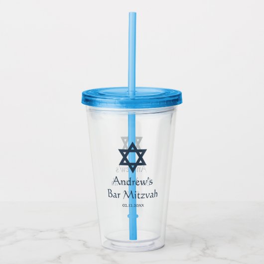 Dunkelblaues Bar Mitzvah personalisiert Acryltrinkbecher (Vorderseite)