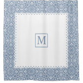 Dunkelblaues Damastmuster, weißer Rahmen und Monog Duschvorhang (Vorderseite)