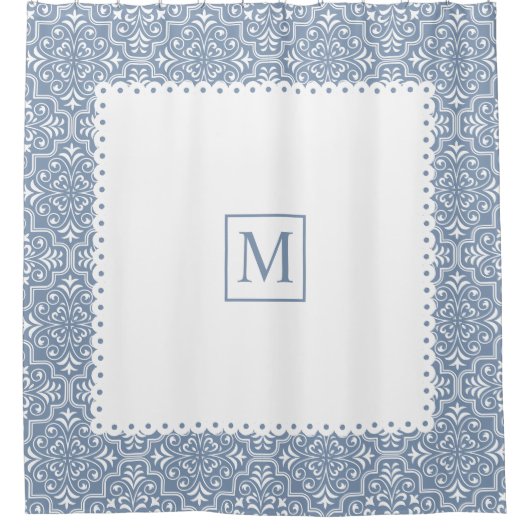 Dunkelblaues Damastmuster, weißer Rahmen und Monog Duschvorhang (Vorderseite)