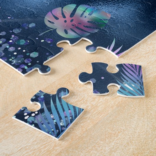 Dunkelblaues Design mit türkisfarbenen und rosa Bl Puzzle (Seite)