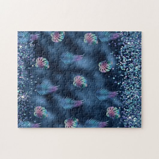 Dunkelblaues Design mit türkisfarbenen und rosa Bl Puzzle (Horizontal)