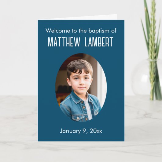 Dunkelblaues Foto Front Polka-Dot geklappte Taufe Programm (Vorderseite)