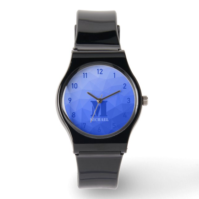 Dunkelblaues geometrisches Maschenmuster Monogram Armbanduhr (Vorderseite)