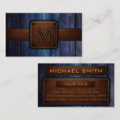 Dunkelblaues Holzbraun-Leder-Look Monogramm Visitenkarte (Vorne/Hinten)