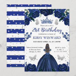 Dunkelblaues Kleid Brünette Prinzessin Geburtstag Einladung