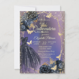 Dunkelblaues Kleid, Rosen, goldene Schmetterlinge Einladung