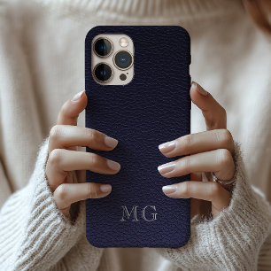 Dunkelblaues Kunstleder Weiße monogrammierte Initi iPhone 16 Hülle