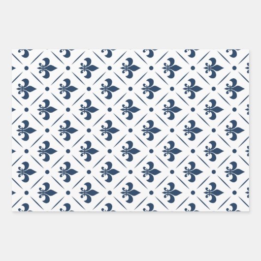Dunkelblaues Lilie-Muster auf weißem Hintergrund Geschenkpapier Set (Vorderseite)