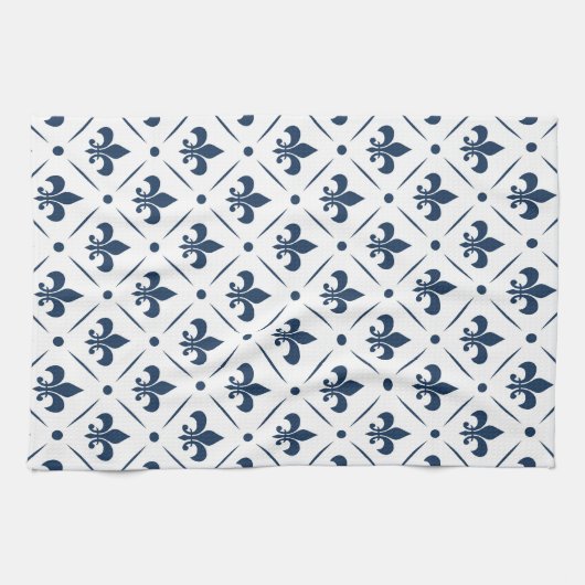 Dunkelblaues Lilie-Muster auf weißem Hintergrund Geschirrtuch (Horizontal)