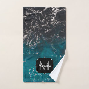 Dunkelblaues Meerwasser Monogram Badhandtuch Set