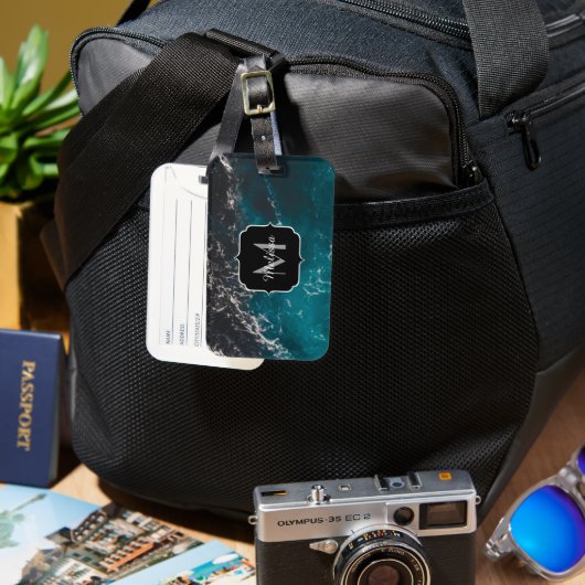 Dunkelblaues Meerwasser Monogram Gepäckanhänger (Vorderseite & Rückseite)