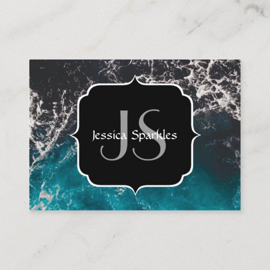 Dunkelblaues Meerwasser Monogram Visitenkarte (Rückseite)