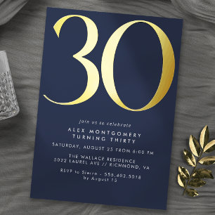 Dunkelblaues Navy und Gold   Moderne 30. Geburtsta Folieneinladung