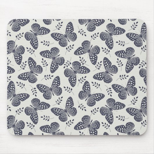 Dunkelblaues Schmetterlingsmuster auf grauem Hinte Mousepad (Vorne)