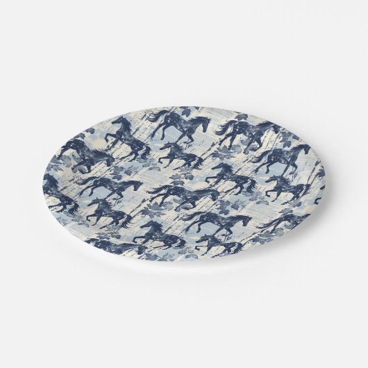 Dunkelblaues Toilpferd nahtlos Pappteller (Schrägansicht)