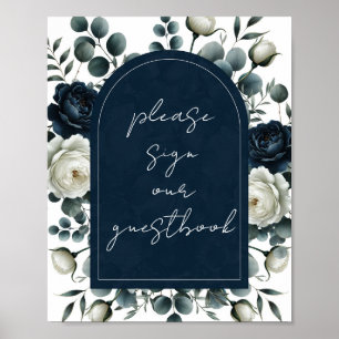 Dunkelblaues und weißes modernes floral gestaltete poster