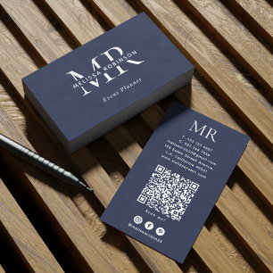 Dunkelblaues und weißes Monogramm Social-Media-QR- Visitenkarte