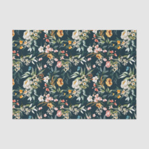 Dunkelblaues Vintage-Gartenblumenmuster Seidenpapier