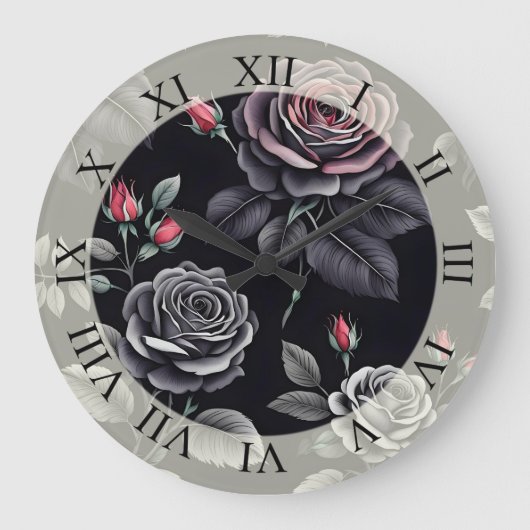 Dunkelblush-Rose Blumendesign Große Wanduhr (Vorderseite)