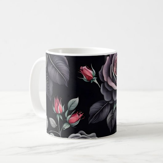 Dunkelblush-Rose Blumendesign Kaffeetasse (Vorderseite Links)