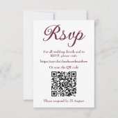 Dunkelblutrote Hochzeitswebsite-RSVP mit QR-Code RSVP Karte (Vorderseite)