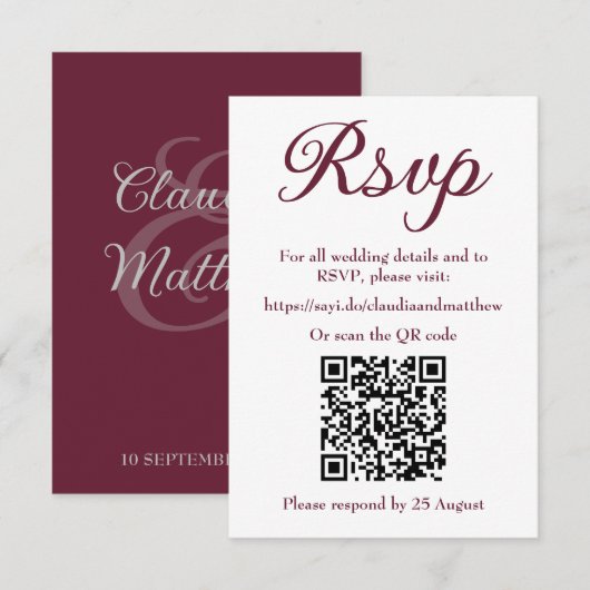 Dunkelblutrote Hochzeitswebsite-RSVP mit QR-Code RSVP Karte (Vorne/Hinten)