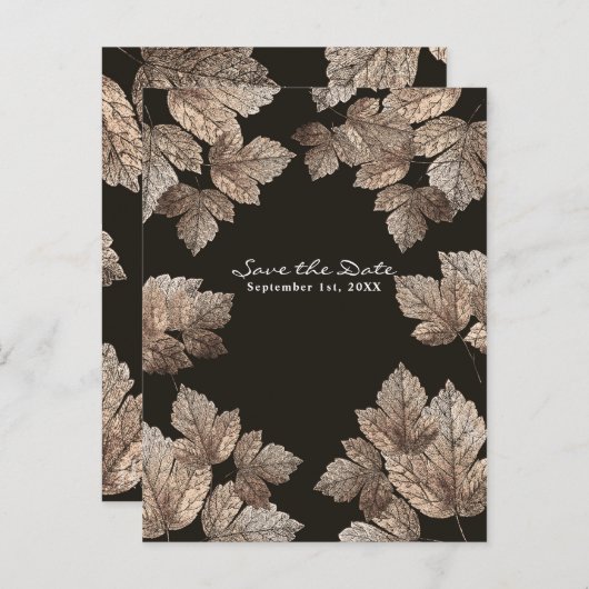 Dunkelbraun & Bronze-Blätter Rustikal Save the Dat Ankündigungspostkarte (Vorne/Hinten)