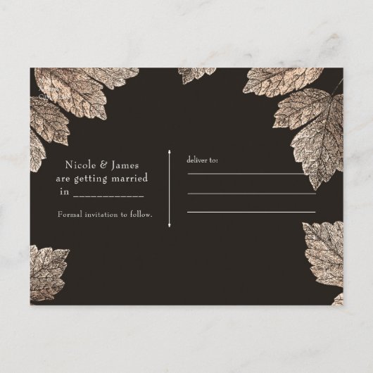 Dunkelbraun & Bronze-Blätter Rustikal Save the Dat Ankündigungspostkarte (Rückseite)