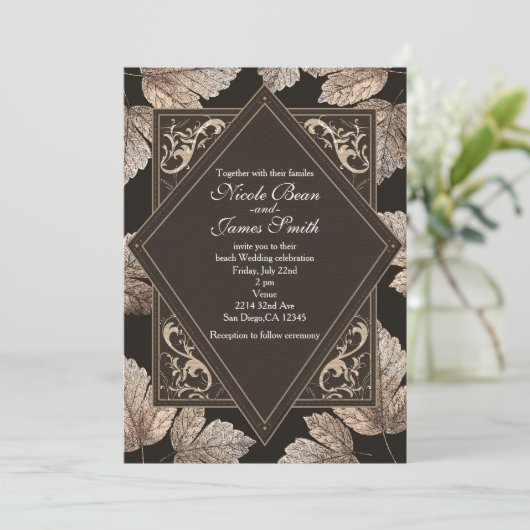 Dunkelbraun & Bronze Blätter Rustikale Herbsteinla Einladung (Stehend Vorderseite)