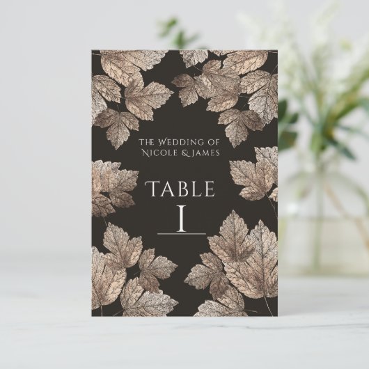 Dunkelbraun & Bronze-Blätter Rustikale Tischnummer (Stehend Vorderseite)