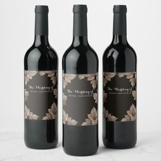Dunkelbraun & Bronze-Blätter Rustikaler Fall Weinetikett (Flaschen)