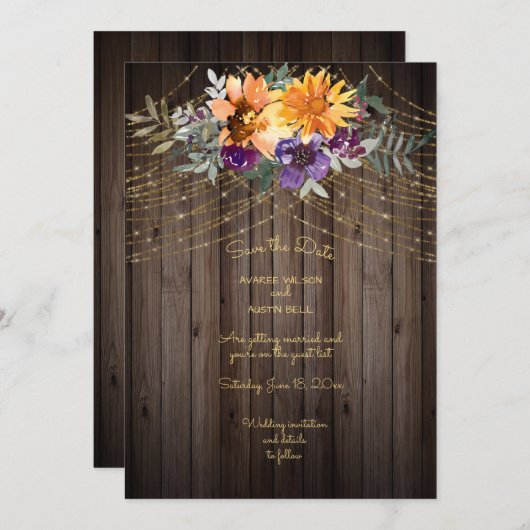 Dunkelbraune Barnboard String Lights Sonnenblumen Save The Date (Vorne/Hinten)