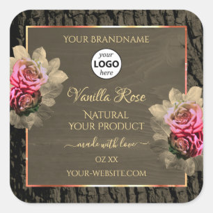 Dunkelbraune Holzkörner mit rosa Rosa-Produktlogo Quadratischer Aufkleber